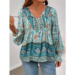 Cottagecore Floral Long‎ Sleeve Lace-Up Blouse Size XL Boho Fall Indie Style